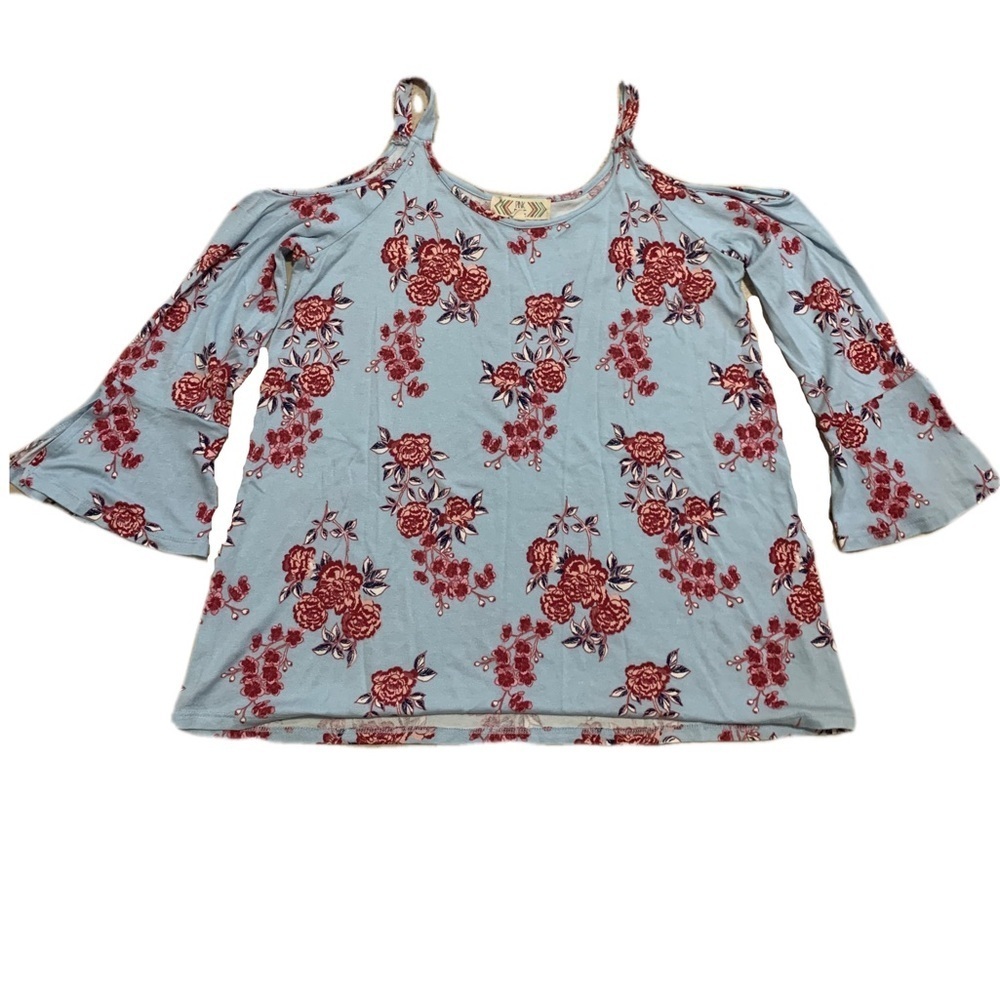 💜 Pink Rose Cold Shoulder Floral Top - Light Blue & Burgundy - Size S